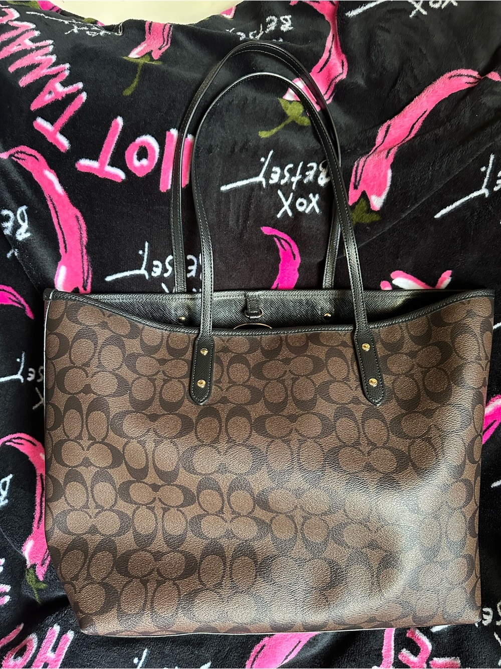 Coach Brown Signature Monogram Tote with Black Trim